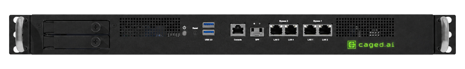 Straight-on front view of the Caged AI appliance showing Ethernet, SFP, USB, and status LEDs